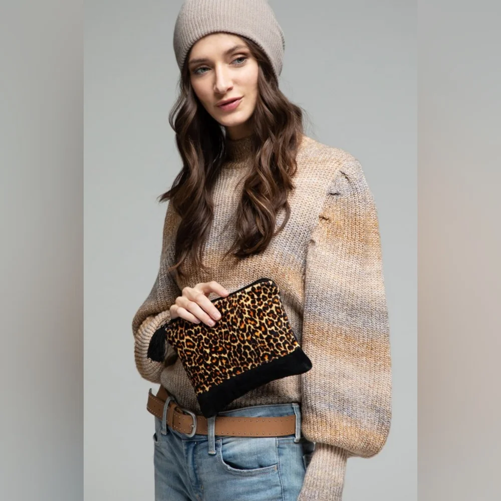 Luxurious Fine Cotton Pouch - Velvet Leopard Print w/ Fine Thread Tassel Accent